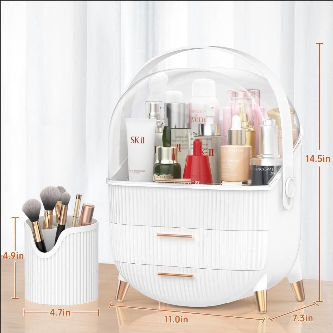 Forthee Makeup Organizer – 2 Drawers, Dustproof Skincare Storage Case (White)