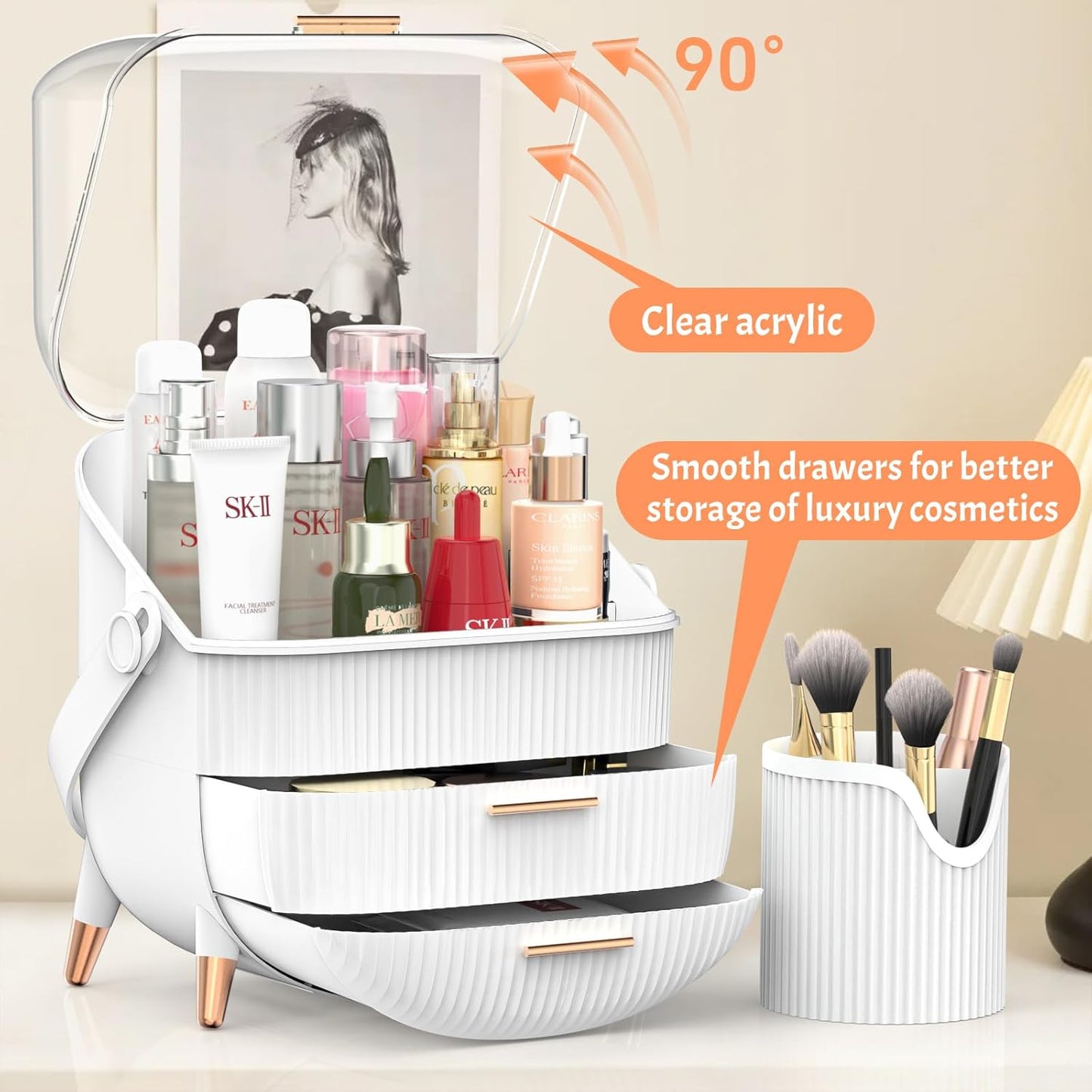 Forthee Makeup Organizer – 2 Drawers, Dustproof Skincare Storage Case (White)