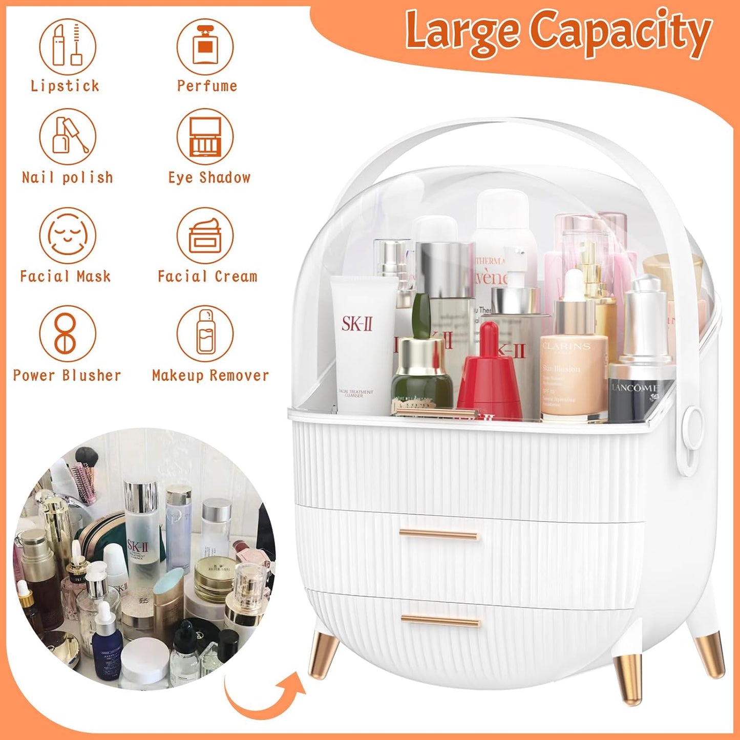 Forthee Makeup Organizer – 2 Drawers, Dustproof Skincare Storage Case (White)