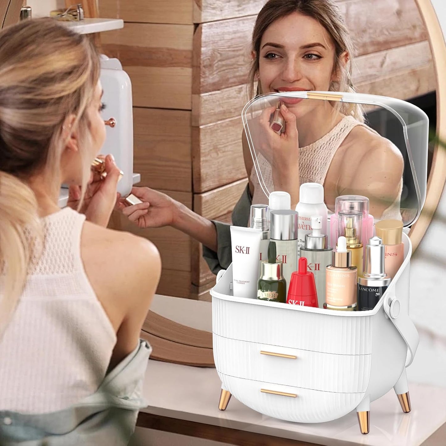 Forthee Makeup Organizer – 2 Drawers, Dustproof Skincare Storage Case (White)