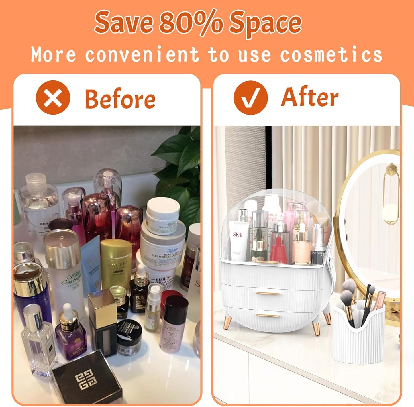 Forthee Makeup Organizer – 2 Drawers, Dustproof Skincare Storage Case (White)