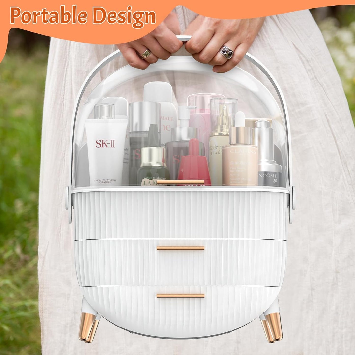 Forthee Makeup Organizer – 2 Drawers, Dustproof Skincare Storage Case (White)